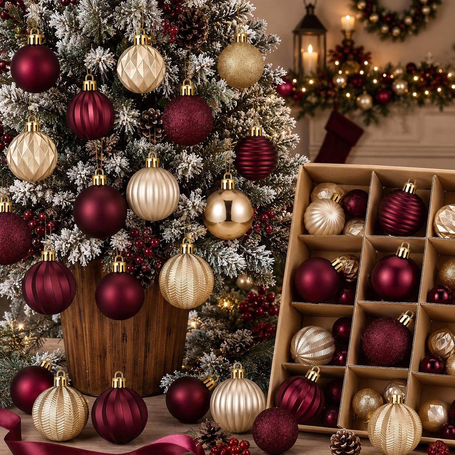 Lunmon 64 Pcs Burgundy and Gold Christmas Ball Ornament 1.57/1.97/2.36 Inch | Amazon (US)