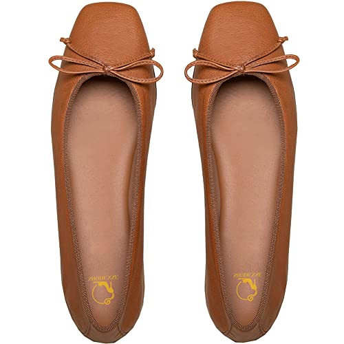 SHODENSE Women Tan Bows Square Closed Toe Ballet Comfortable Slip On Dress Flats Brown Matte Leather Flat Heel Office Work Shoes Girls Driving Club Church Spring Matte Brown 8.5 | Amazon (US)