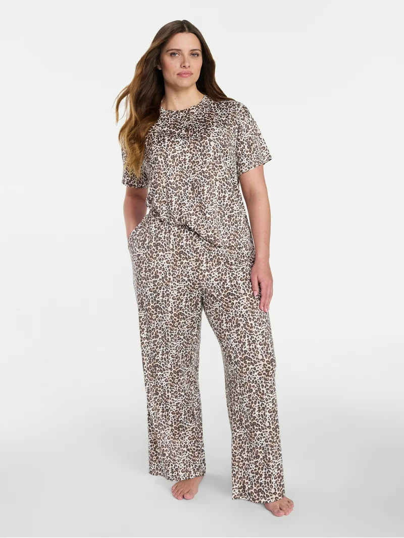 Joyspun Women's Dreamy Soft Collection Short Sleeve Sleep Top and Open Leg Pants Pajama Set, 2-Pi... | Walmart (US)