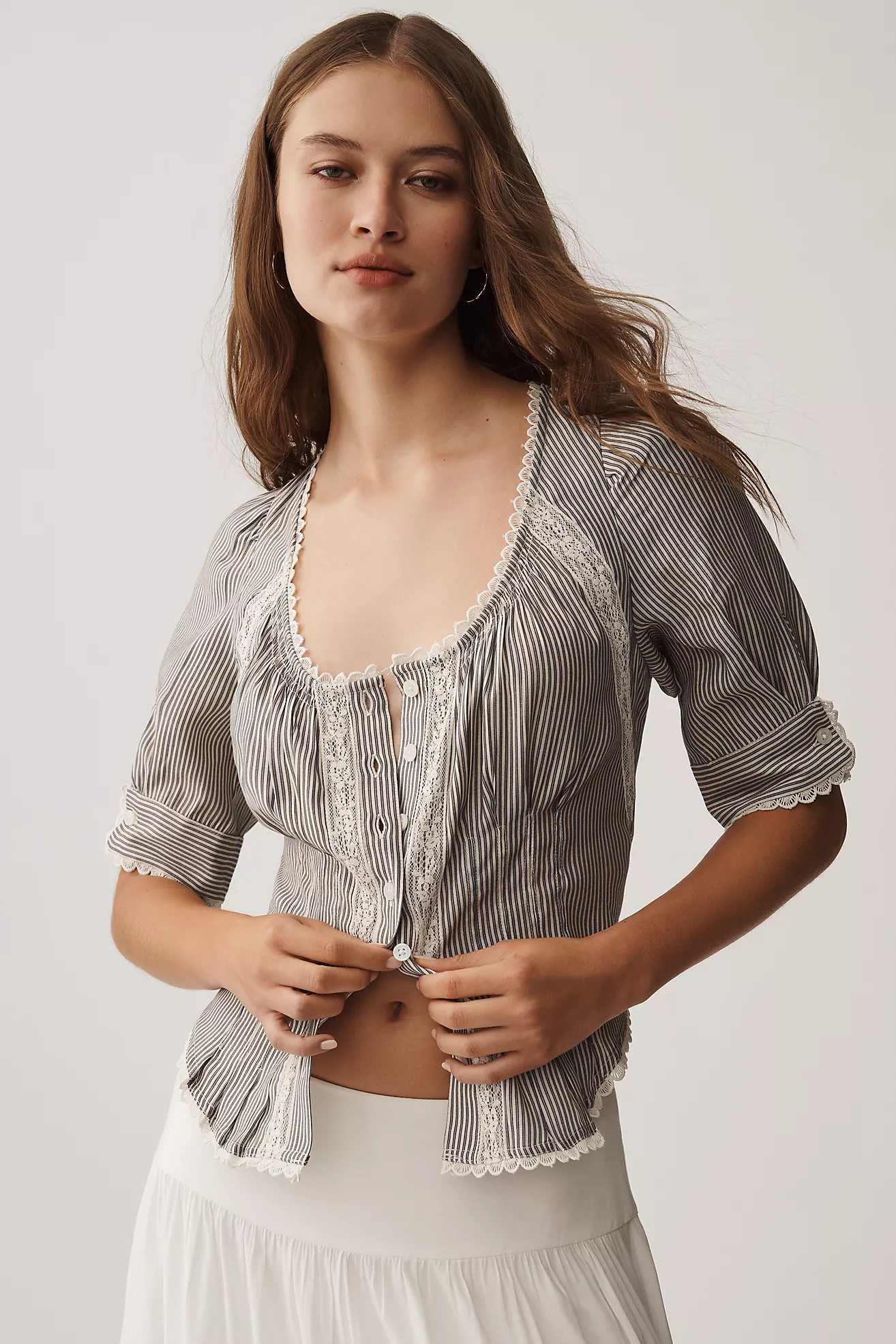 By Anthropologie Short-Sleeve Pintuck Button-Front Blouse | Anthropologie (US)