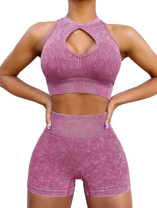 OQQ Workout Outfits for Women 2 Piece Ribbed Acid Wash High Waist Butt Lifting Shorts Crop Top Ex... | Amazon (US)