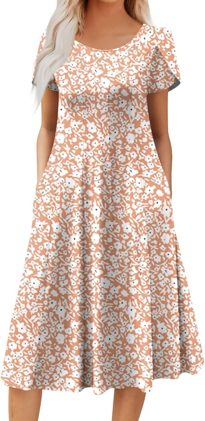 Womens Casual Dress for Summer Solid/Floral Short Sleeve Pleated T-Shirt Dress Loose Flowy Beach ... | Amazon (CA)