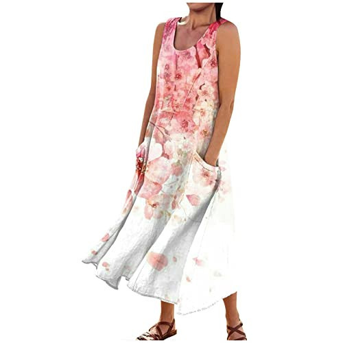 Maxi Dress for Women Round Neck Flowy Floral Print Dresses with Pockets Beach Casual Sleeveless Long Dress Sundress for Women Beach Vacation Womens Dressed with Sleeves（4X-Large,1-Pink） | Amazon (US)