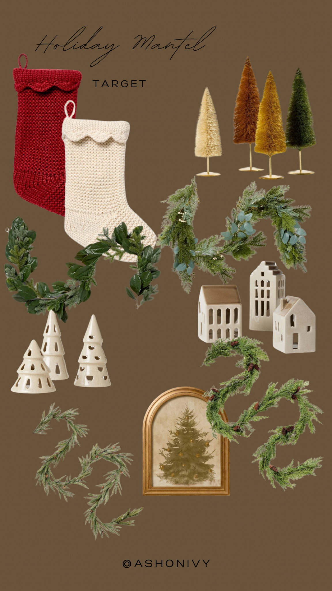 Holiday mantel.  Christmas decor.  Garland.  Greenery.  Stockings.  Houses.  Trees.  Bottle brush trees.  Target.  Studio McGee.  Heart and Hand with Magnolia.

#LTKSeasonal #LTKHome #LTKHoliday