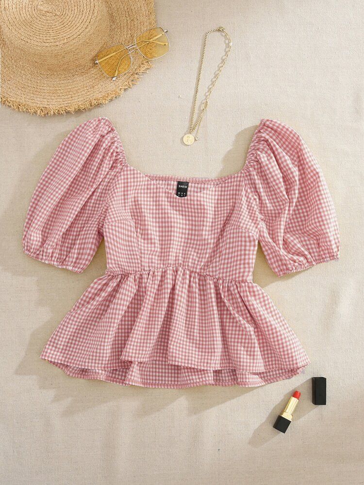 Puff Sleeve Ruffle Hem Gingham Blouse | SHEIN