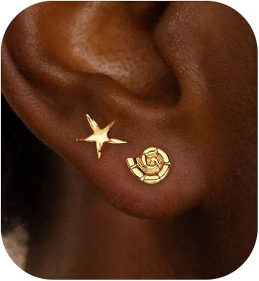 Gold Starfish&Shell Summer Earrings Dainty Gold Stud Earrings for Women Trendy Hypoallergenic 14k... | Amazon (US)