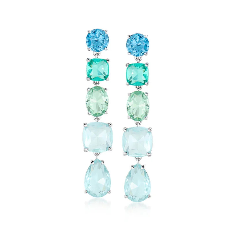 Rhodium-Plated Linear Drop Earrings with Simulated Tonal Blue Gemstones | Ross-Simons