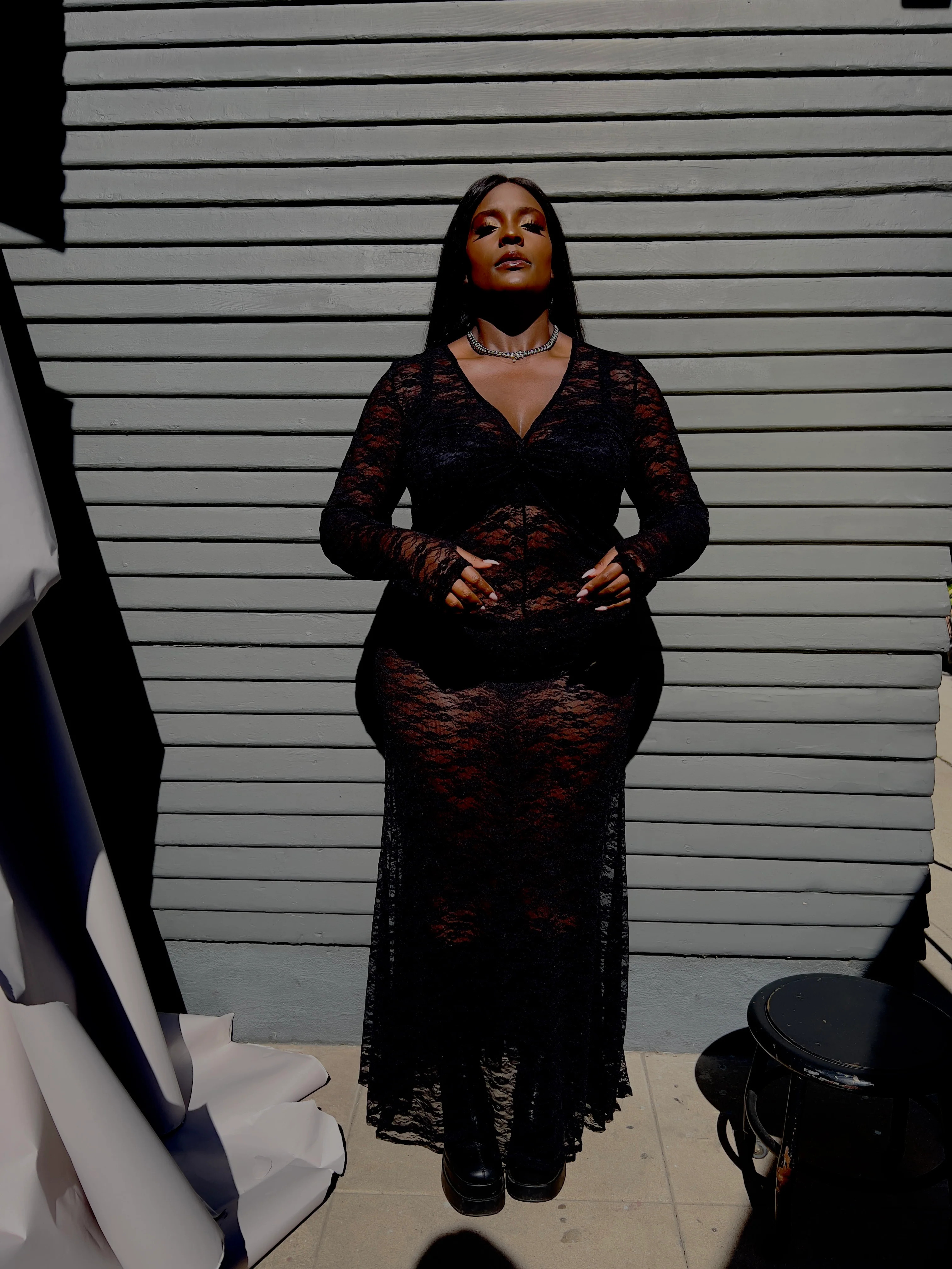 Stretch Lace V-Neck Top & Skirt Set- Black | BAACAL Limited, LLC