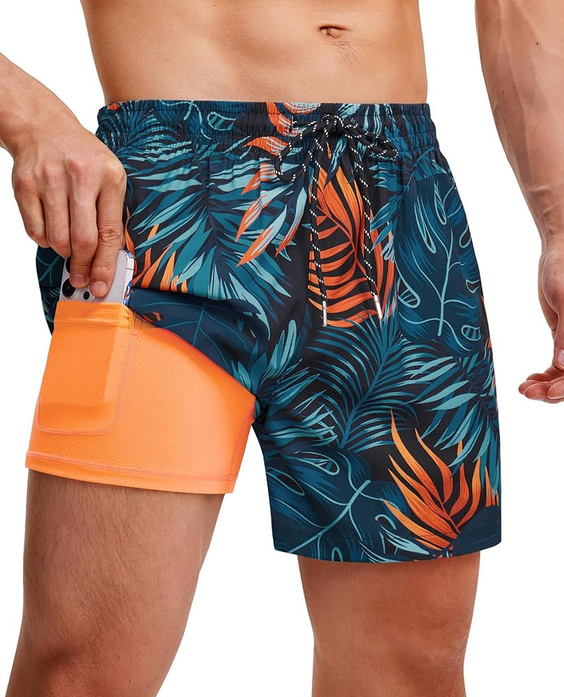 5inch Mens Swim Trunks: 2 in 1 with Compression Liner Pockets Drawstring Stretch Quick Dry Lined ... | Amazon (US)