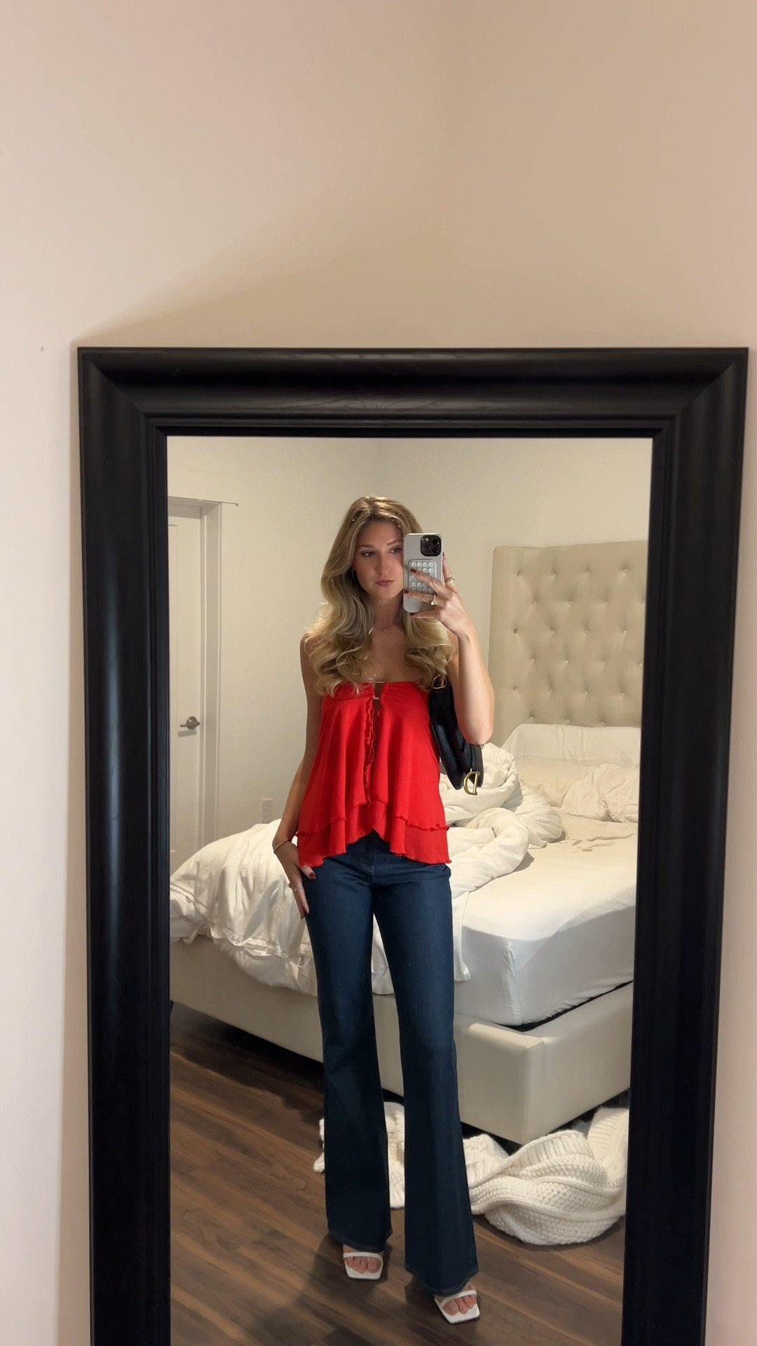 red strapless top, dark denim flare jeans, express, white kitten heel sandals, holiday outfits, christmas style

#LTKfindsunder100 #LTKshoecrush #LTKfindsunder50
