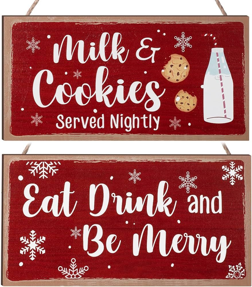 2 Pieces Christmas Hanging Wooden Sign Eat Drink And Be Merry Sign Milk And Cookies Served Nightl... | Amazon (US)