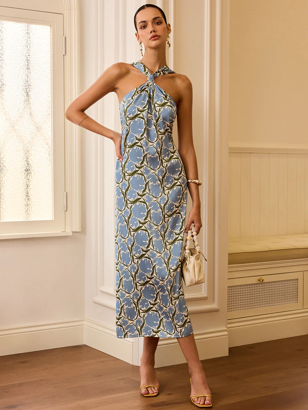 Halter Neck Floral Print Midi Dress | Commense