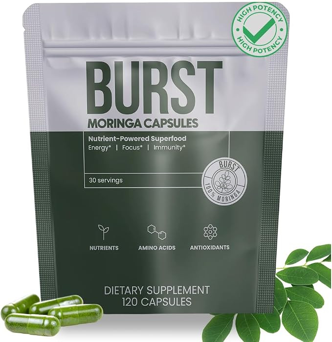 Burst Organic Moringa Capsules 120 Count | Wild Harvested Pure Moringa Leaf | Non-GMO, Gluten-Fre... | Amazon (US)