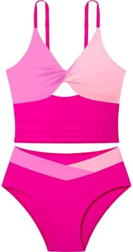 Girls Swimsuit Color Block Girls Bathing Suit Twist Tankini Set Two Piece Girl Swimwear Bikini Se... | Amazon (US)