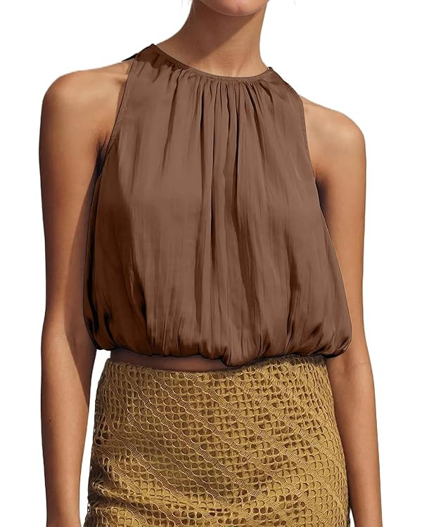 Womens Summer Halter Tops Cute Sleeveless Crewneck Puffy Hem Bubble Crop Tank Top Casual Dressy G... | Amazon (US)