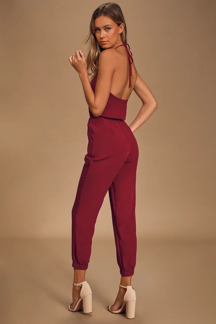 Learning to Fly Burgundy Halter Jumpsuit | Lulus