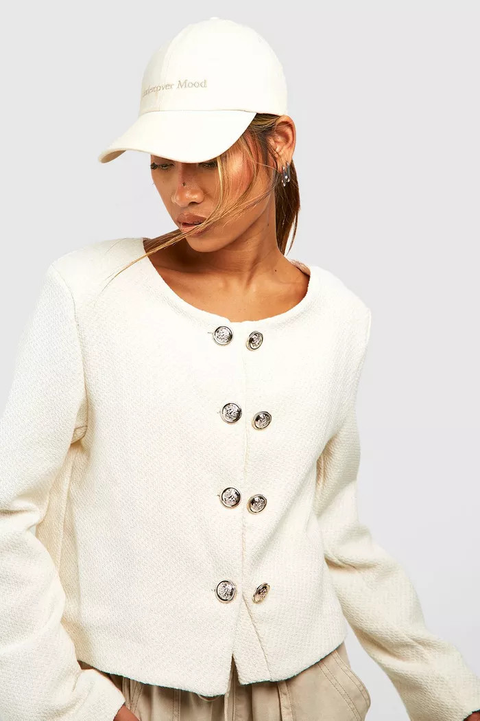 Boucle Shoulder Pad Button Detail Jacket | Boohoo.com (UK & IE)