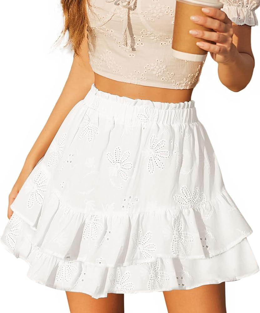 ECOWISH Flowy Mini Skirts for Women with Shorts Underneath Ruffle Tiered Skorts Elastic High Wais... | Amazon (US)