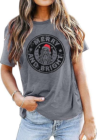 Merry and Bright Shirts Womens Christmas Skeleton Tshirt Casual Coffee Lover Xmas Gifts Tee Tops | Amazon (US)
