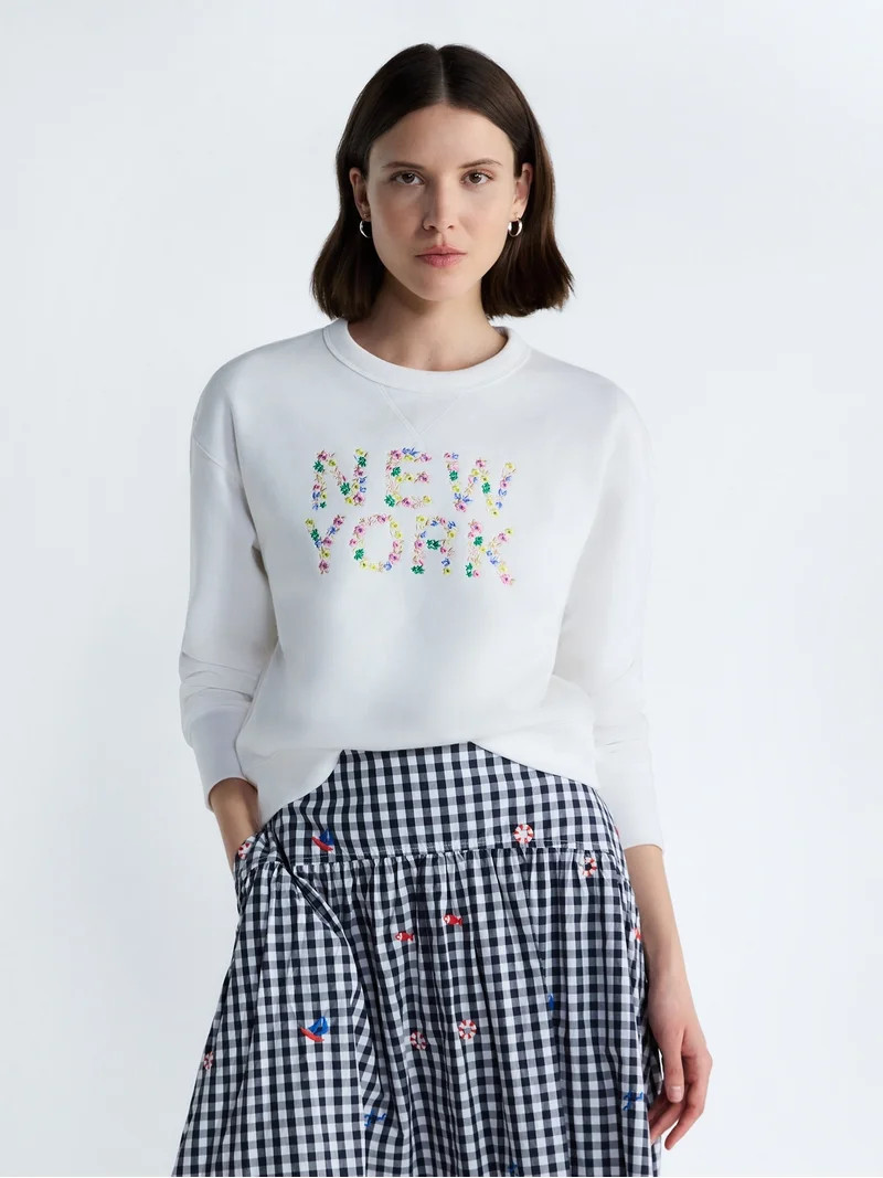 Free Assembly Women's and Women's Plus Embroidered Shrunken Sweatshirt with Long Sleeves, Sizes X... | Walmart (US)