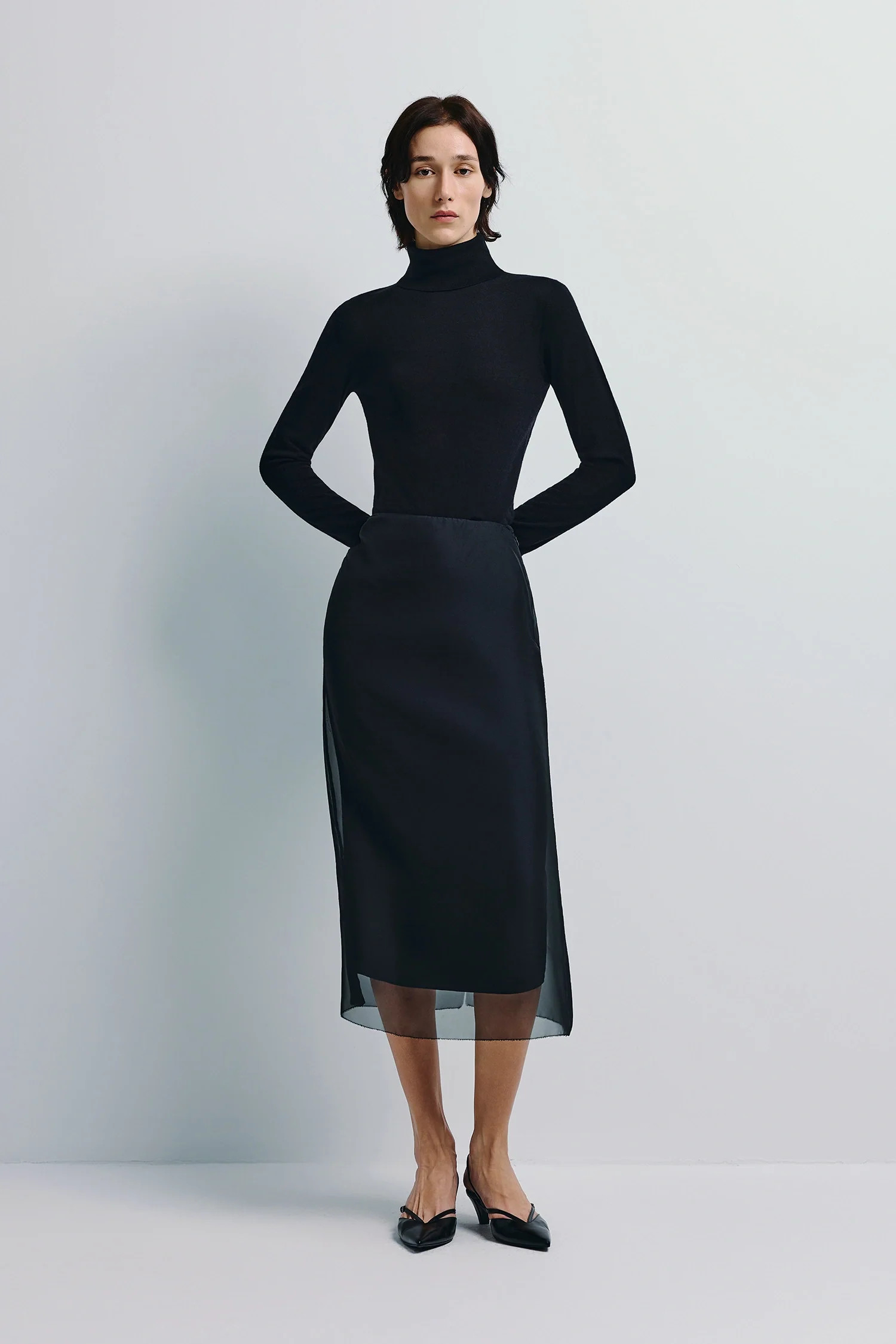 Black Organza Midi Skirt | Sheer Layered Volume | Rue Sophie