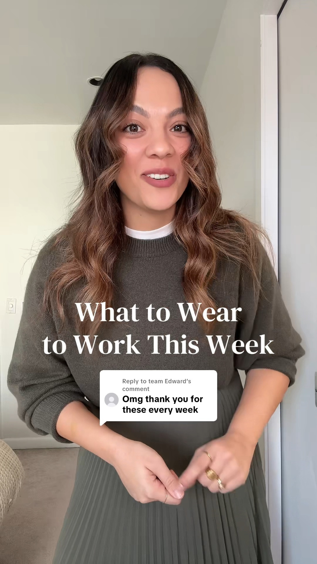 What you are going to wear to work this week!

Monday:
-Aritzia olive green pleated midi skirt, I have a medium. 
-Aritzia green Crewneck sweater, similar linked. 
-Quince black and silver studded belt, I have a medium. 
-Poppy Barley black leather knee high boots. 
-Madewell black leather bucket bag. 

Tuesday:
-Aritzia high rise black tailored trousers, I have a size 10. 
-Sézane houndstooth jacket, similar linked. 
-White t-shirt, similar linked. 
-Abercrombie black belt. 
-Black kitten heels, similar linked. 

Wednesday:
-Levi’s indigo rinse straight jeans, I have a size 30. 
-Reformation button-up shirt, similar linked. 
-Beige suede ankle boots, similar linked. 
-Coach suede brown bag. 

Thursday:
-Aritzia black pencil skirt, I have a size 8. 
-Cream top, similar linked. 
-Revolve snakeskin print jacket, I have a size large. 

Friday:
-Aritzia olive green pull-on pants, I have a size medium. 
-Grey knit sweater, similar linked. 



#LTKworkwear #LTKstyletip #LTKcanada