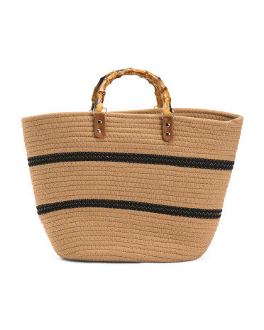 Woven Striped Boat Shaped Tote With Bamboo Top Handles for Women | Leather | Marshalls