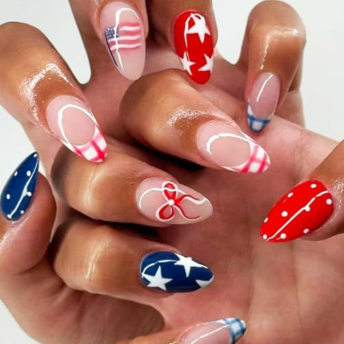 4th of July Press on Nails Short ALmond Fake Nails with Checkered Bow Star Polka Dots French Tip Nails Press ons Red White Blue Glue on Nails Fourth of July Stick on Nails for Women 24Pcs | Amazon (US)