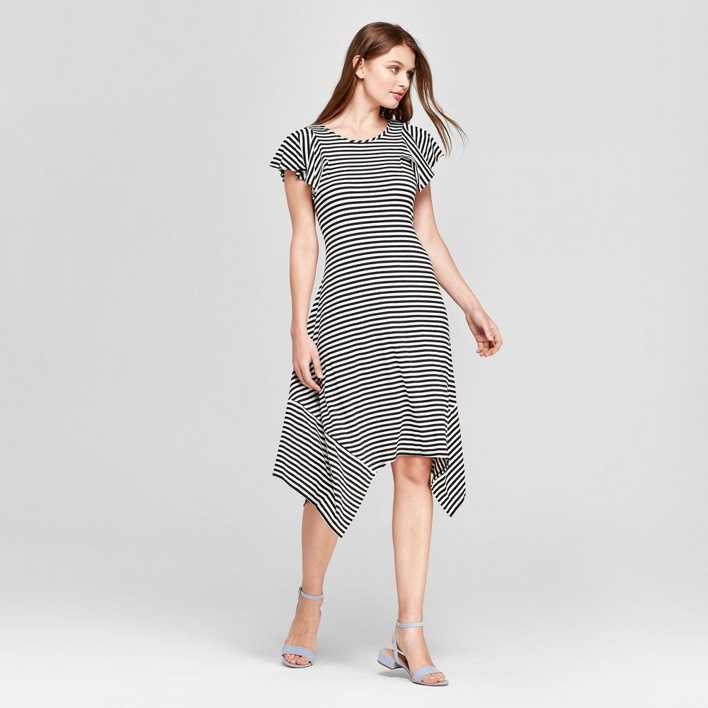 Women's Short Sleeve Striped Handkerchief Hem Dress - Notations - Black/White XL | Target