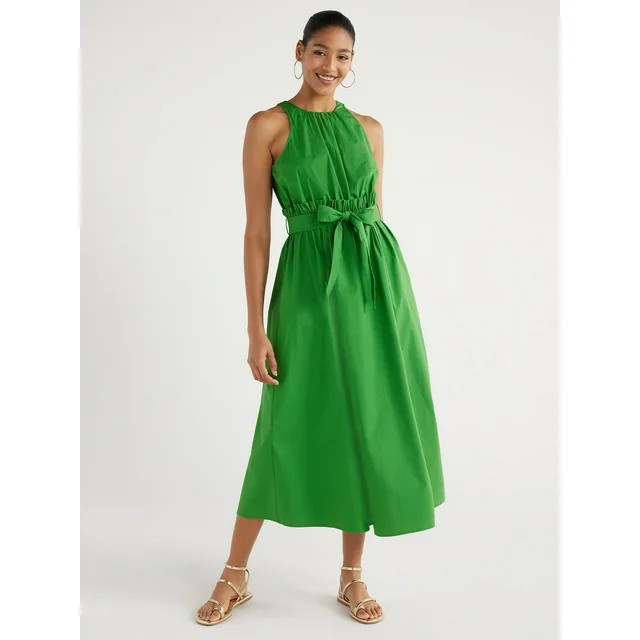 Scoop Women's Pleated Poplin Halter Dress with Self Tie Belt, Sizes XS-XXL | Walmart (US)