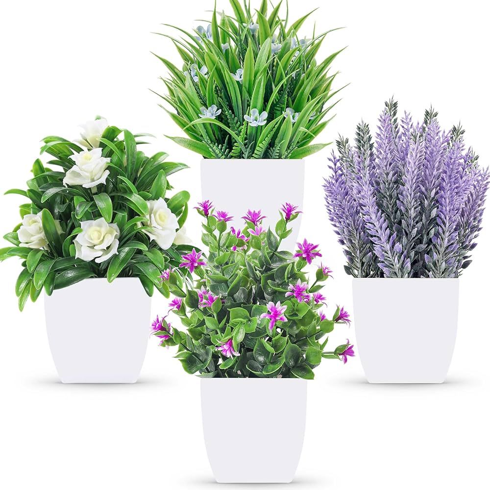 Der Rose 4 Packs Fake Plants Small Artificial Potted Faux Plants with Flowers for Home Bathroom L... | Amazon (US)