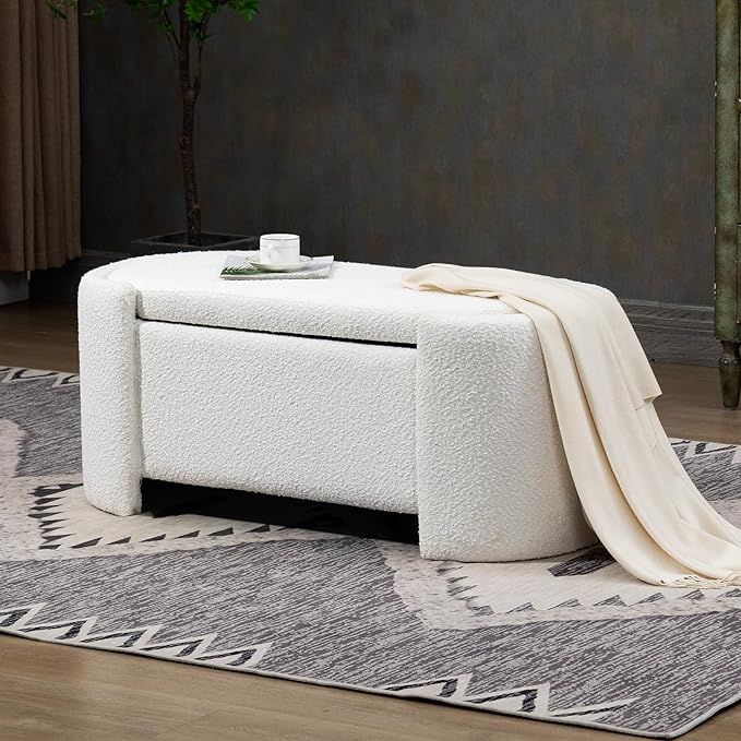 binzida Oval Storage Bench,43 inches Ottoman Bench for Entryway Teddy Fleece Fabric Upholstered E... | Amazon (US)