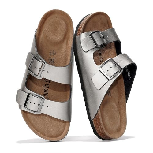 Project Cloud 100% Genuine Leather Flat Sandals For Women 2026 Cork Footbed Womens Sandals with Memory Foam and arch support Vacation Essentials Slides for Women Footwear (Venita, Pewter, 9) | Amazon (US)