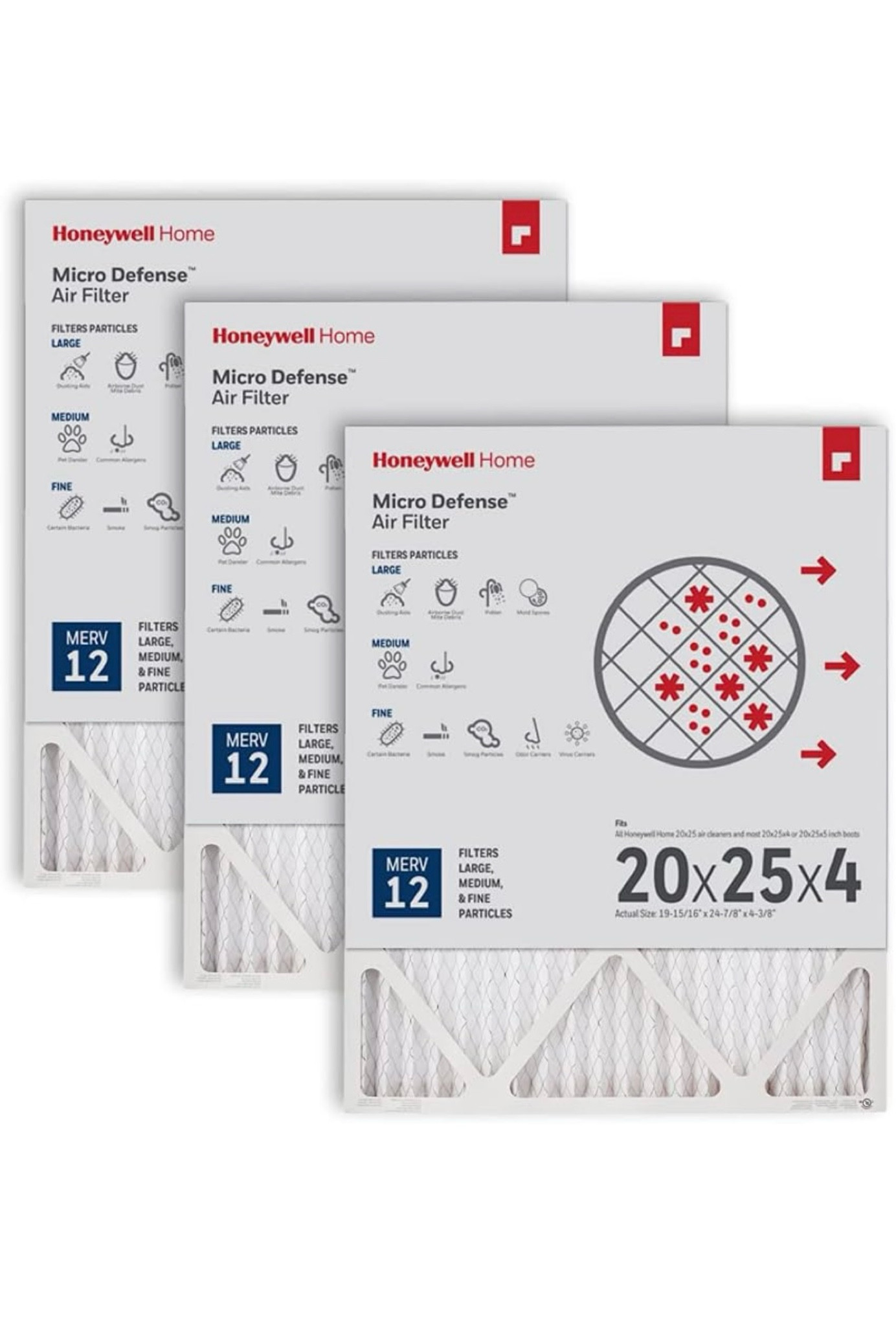 Honeywell Home 20x25x4 MERV 12, AC Furnace Air Filter, 3 PACK (CF200A1016-3PKAM) (Actual Dimensions: 18.84 x 24.75 x 4.38 in.)