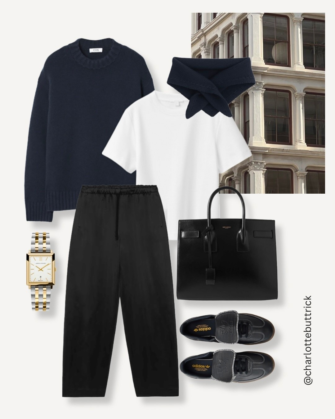 Modern minimal outfit idea - perfect for a smart casual or creative workplace 

Cos white T-shirt
Saint Laurent tote bag
Adidas samba LT trainers
Navy boyfriend jumper
Satin barrel trousers
Neck scarf



#LTKwinter #LTKuk #LTKworkwear