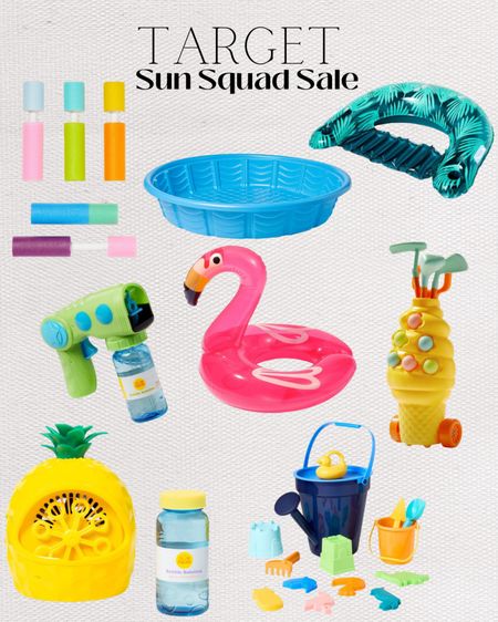 Target sun squad sale🎉 

Target sale, Sun Squad, pool floats, chalk, summer toys for kids, outdoor toys, bubble machine