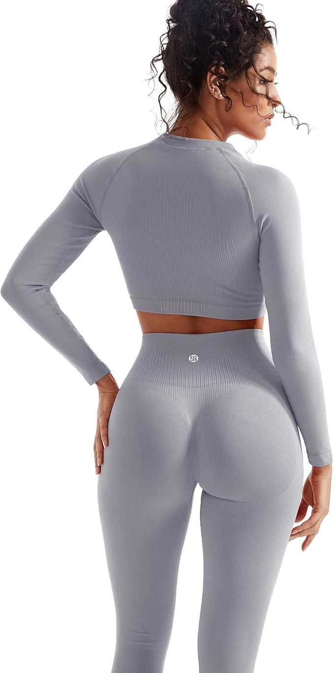 SUUKSESS Women 2 Piece Workout Sets Hidden Scrunch Butt Lifting Seamless Leggings Long Sleeve Yog... | Amazon (US)
