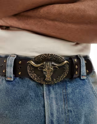 ASOS DESIGN western plate bulls head buckle studded belt in brown | ASOS (Global)