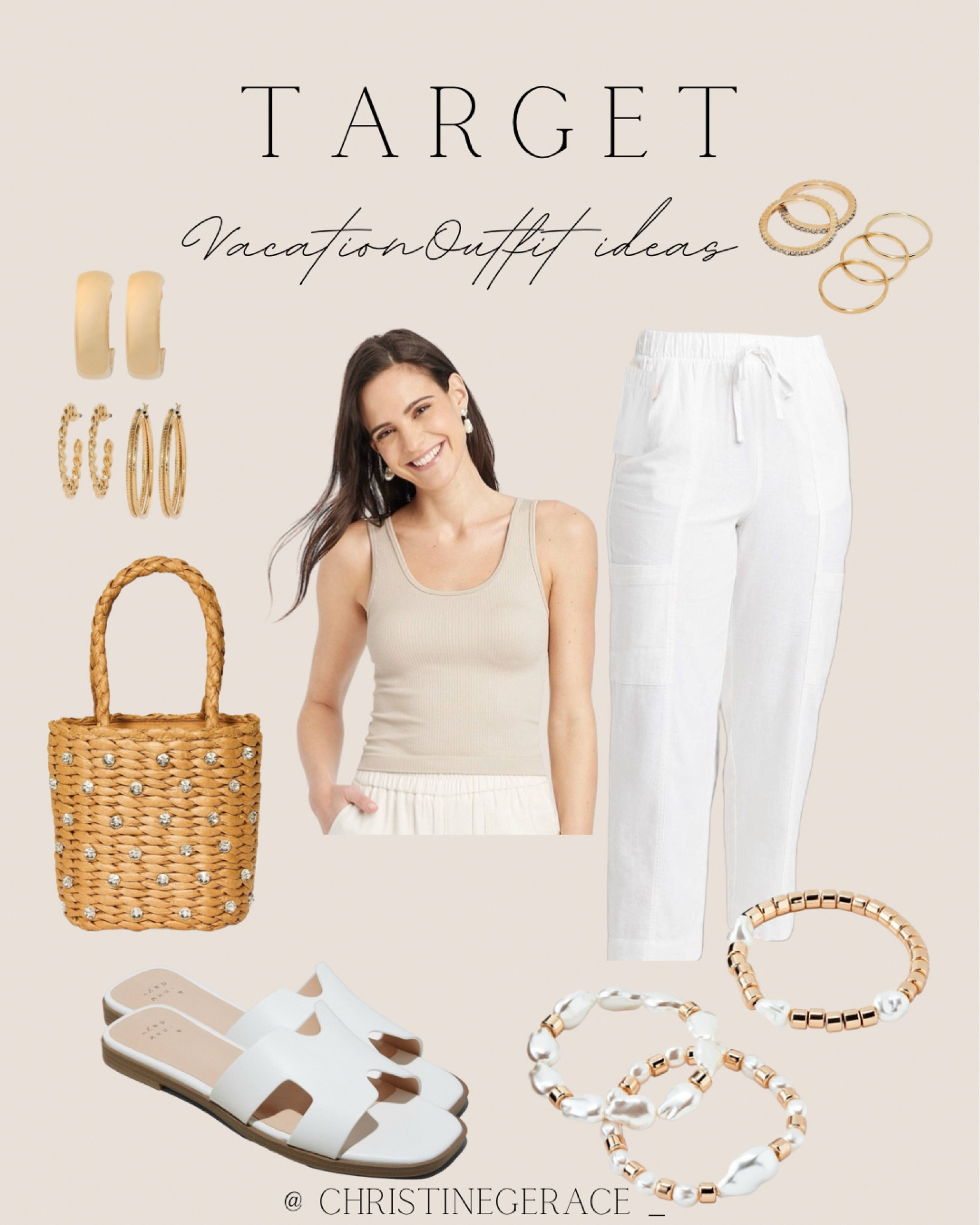 Target vacation look outfit ideas ☀️

Tank top, cargo pants, sandals, straw bag, bracelets, earrings, rings, spring outfit, vacation outfit, Target finds, outfit ideas 

@christinegerace_ 🤍🤍

#LTKstyletip #LTKtravel #LTKxTarget