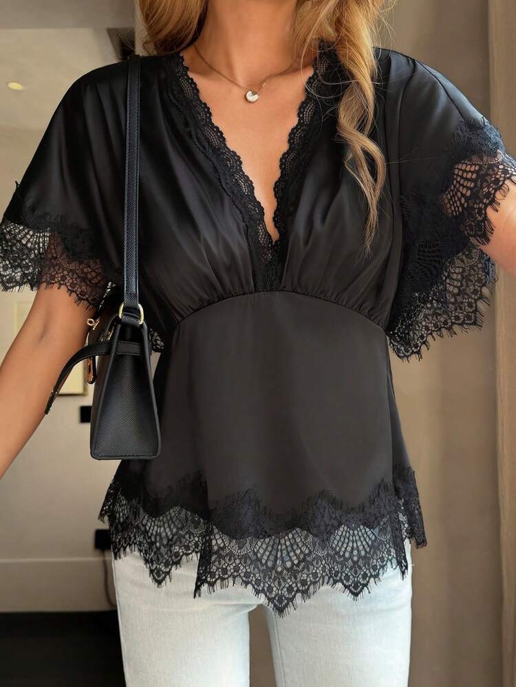 Elegant French Lace & Satin V-Neck Batwing Sleeve Cinched Waist Top, Suitable For Daily, Date, Va... | SHEIN