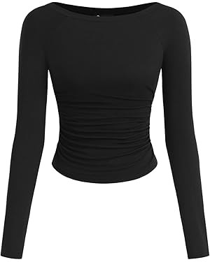 PRETTYGARDEN Long Sleeve Shirts for Women 2025 Fall Ruched Sides Boat Neck Basic Tee Casual Fitte... | Amazon (US)