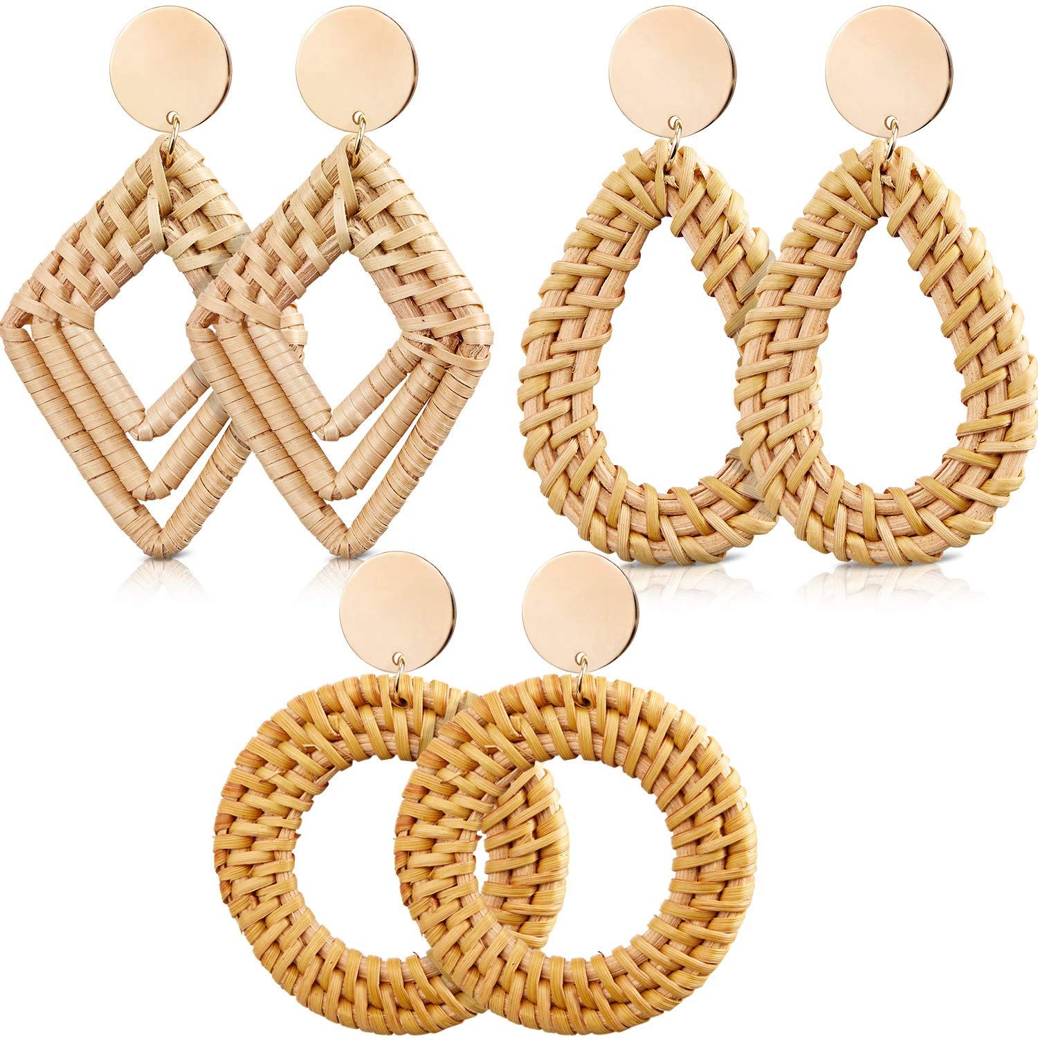 3 Pairs Geometric Rattan Earrings Woven Handmade Straw Earrings Wicker Braid Earrings Bohemian St... | Amazon (US)
