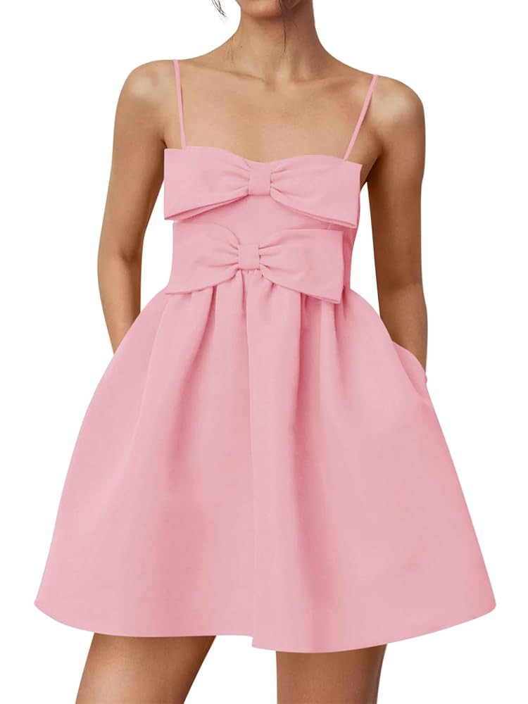 Yousify Womens Cute Bow Mini Dresses Summer Spaghetti Strap A Line Backless Smocked Babydoll Part... | Amazon (US)