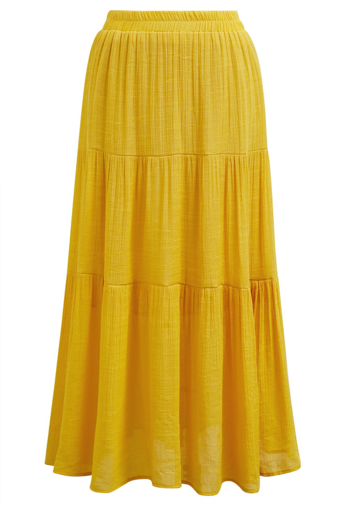 Crinkle Gathered Tiered Midi Skirt in Mustard | Chicwish