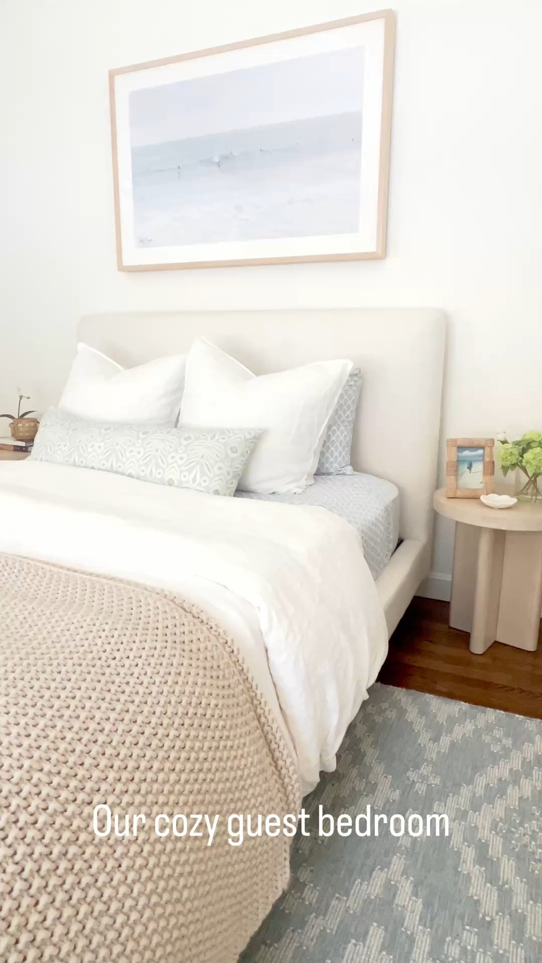 Our cozy, coastal guest bedroom!
- 
coastal home decor, coastal style, coastal nightstands, light wood nightstands, round side tables, pottery barn side tables, pottery barn nightstands, small side tables, cayman side table, coastal bedroom furniture, beach house bedroom decor, beach house furniture, neutral bedroom, bedroom ideas, upholstered bed, queen size bed, pottery barn beds, platform beds, guest room decor, linen duvet cover, amazon duvet cover, white duvet cover, amazon down comforter, white linen pillow shams, duvet set, coastal artwork, artwork over bed, large artwork, beach artwork, ocean artwork, nightstand decor, side table decor, woven picture frames, amazon picture frames, marble ring dish, white quilts, pottery barn quilts, coastal bedding, white bedding, decorative bed pillows, lumbar pillow

#LTKHome