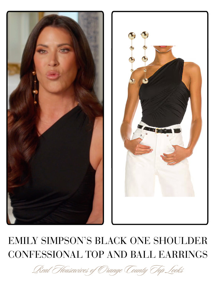 Emily Simpson's Black One Shoulder Confessional Top and Ball Earrings  

 