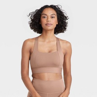 Women&#39;s Medium Support Square Neck Crossback Bra - All in Motion&#8482; Taupe S | Target