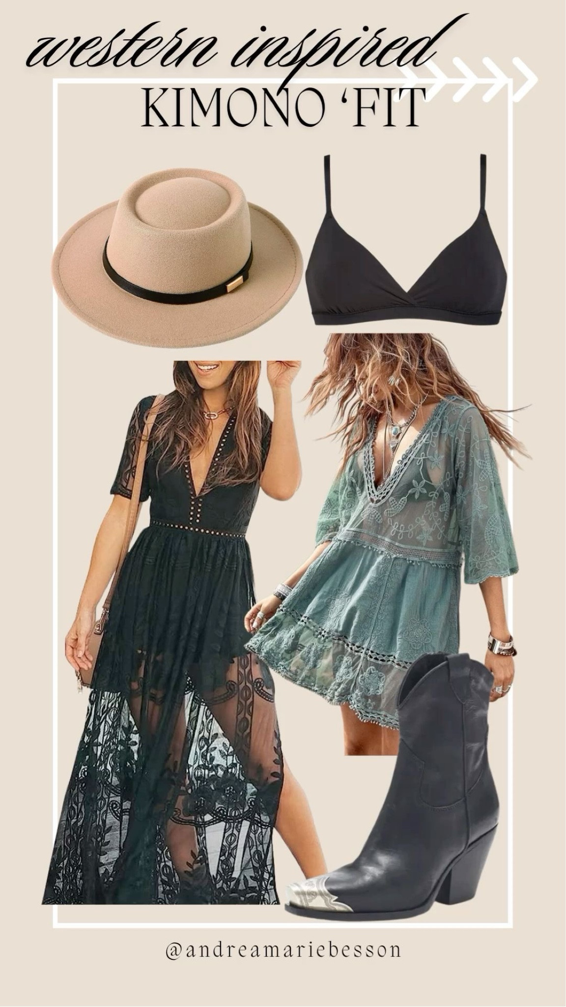 Obsessed with this boho western kimono look 🤍 Flowy lace kimonos, cowboy boots, wide brim hats, layered jewelry, and effortless western-inspired styling that feels feminine, free-spirited, and elevated. Perfect for country concerts, music festivals, beach vacations, Nashville trips, and summer nights when you want that dreamy boho cowgirl vibe. #westernfashion #bohostyle #kimonooutfit #coastalcowgirl #cowgirlstyle #festivalfashion #westernboots #bohowestern #concertoutfit #amazonfashion