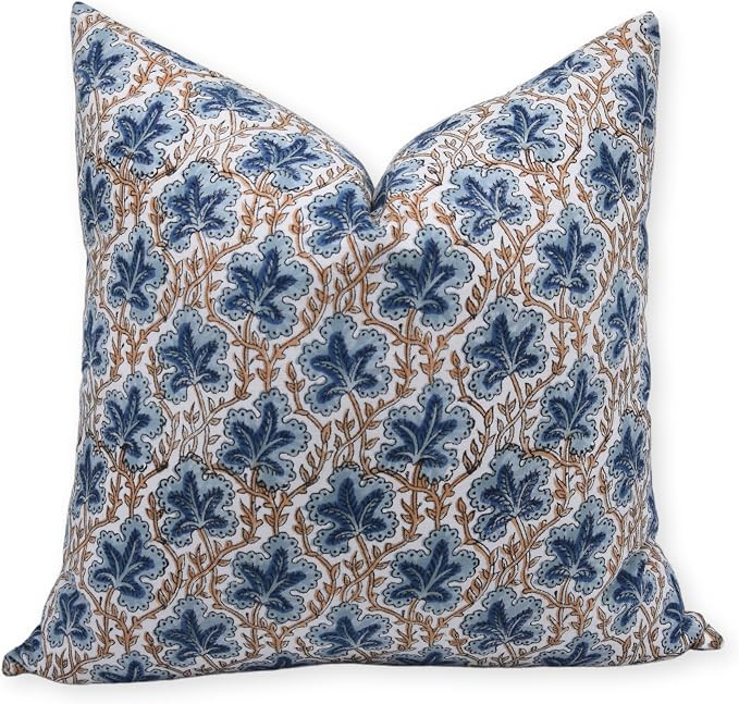 Handmade Decorative Block Print 22X22 Thick Cotton White Throw Pillowcase Cushion Cover with Zipp... | Amazon (US)