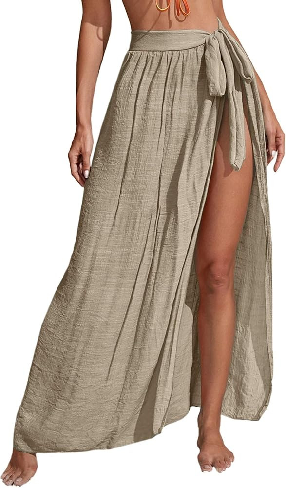SheIn Women's Beach Sarong Swimsuit Cover Up Tie Waist Split Wrap Maxi Skirt | Amazon (US)